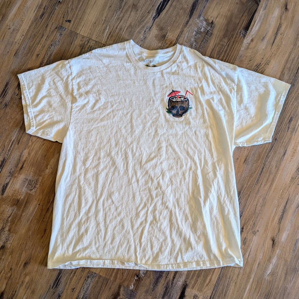 Riot Society‎ Cream Cotton Crew Neck Skull Coconut Graphic Men's 2XL T-Shirt